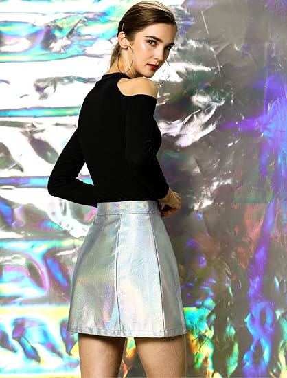 Allegra K minifalda metálica, brillante, holográfica de cintura alta con cremallera para mujer - Quierox - Tienda Online