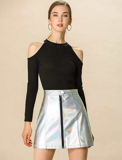 Allegra K minifalda metálica, brillante, holográfica de cintura alta con cremallera para mujer - Quierox - Tienda Online