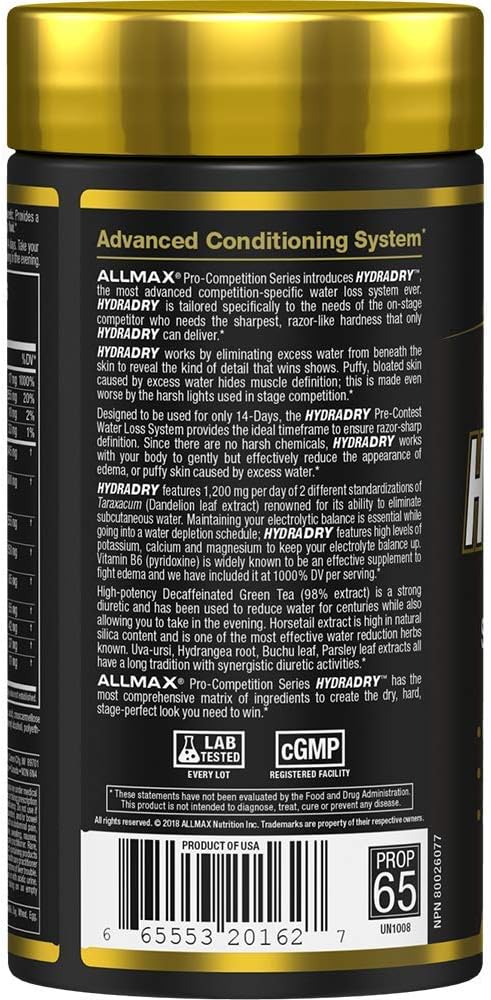 ALLMAX Nutrition HydraDry, Sistema de pérdida de agua previa al concurso de 14 días, 84 tabletas - Quierox - Tienda Online