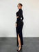 Aloruh Vestido negro de manga larga, elegante y con estilo, de cuello alto - Quierox - Tienda Online