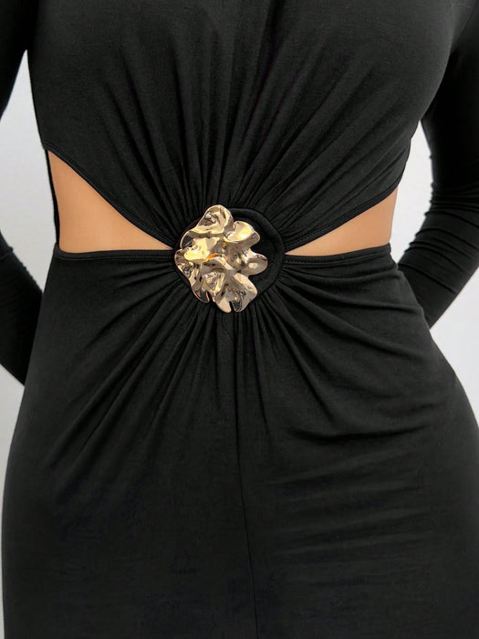 Aloruh Vestido negro de manga larga, elegante y con estilo, de cuello alto - Quierox - Tienda Online