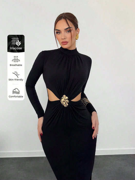 Aloruh Vestido negro de manga larga, elegante y con estilo, de cuello alto - Quierox - Tienda Online