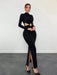 Aloruh Vestido negro de manga larga, elegante y con estilo, de cuello alto - Quierox - Tienda Online