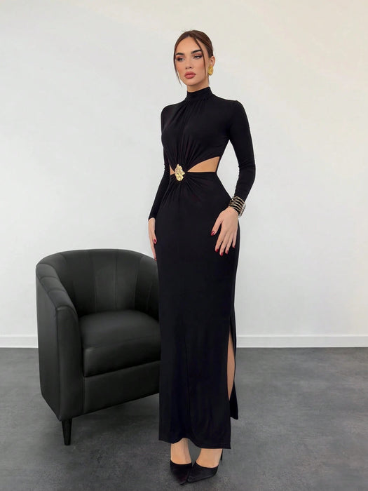 Aloruh Vestido negro de manga larga, elegante y con estilo, de cuello alto - Quierox - Tienda Online