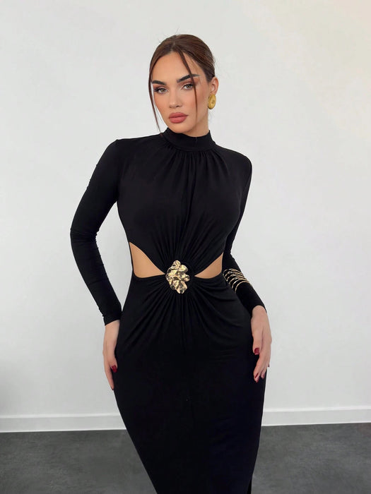 Aloruh Vestido negro de manga larga, elegante y con estilo, de cuello alto - Quierox - Tienda Online