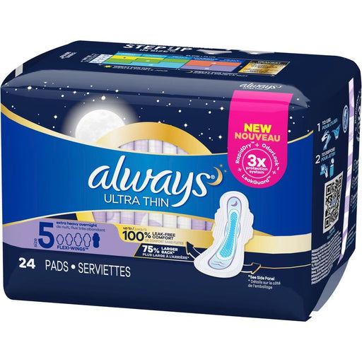 Always Ultra Thin Toallas sanitarias para la noche, con alas, sin perfume, talla 5, 24 unidades. - Quierox - Tienda Online