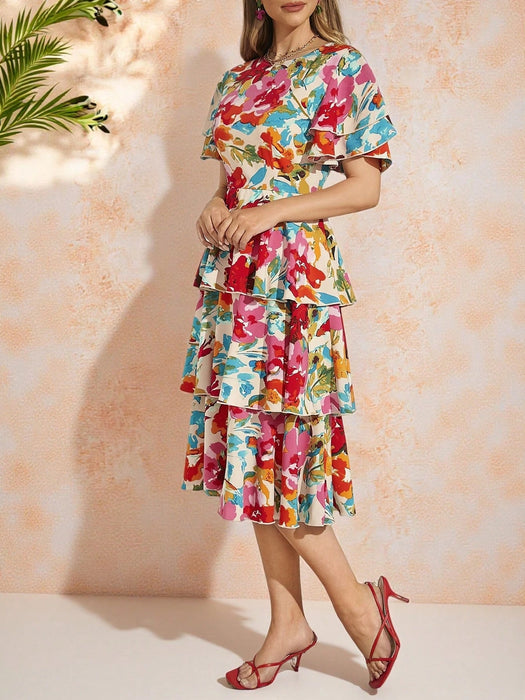 Amorya Vestido escalonado con volantes y estampado floral colorido para mujer - Quierox - Tienda Online
