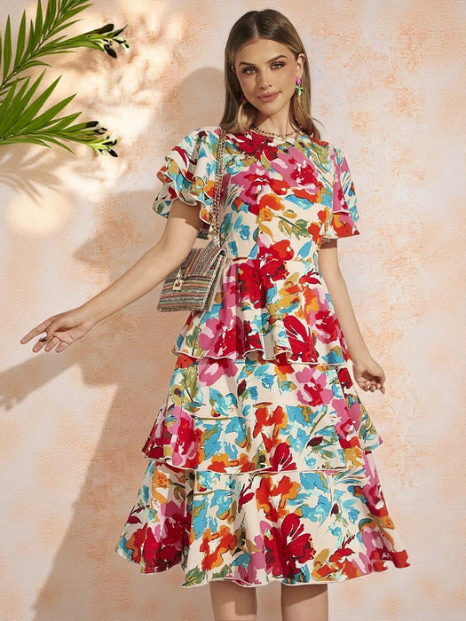 Amorya Vestido escalonado con volantes y estampado floral colorido para mujer - Quierox - Tienda Online