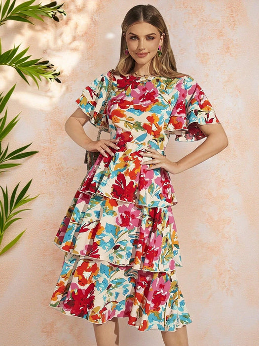 Amorya Vestido escalonado con volantes y estampado floral colorido para mujer - Quierox - Tienda Online