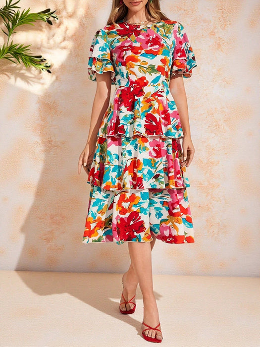 Amorya Vestido escalonado con volantes y estampado floral colorido para mujer - Quierox - Tienda Online