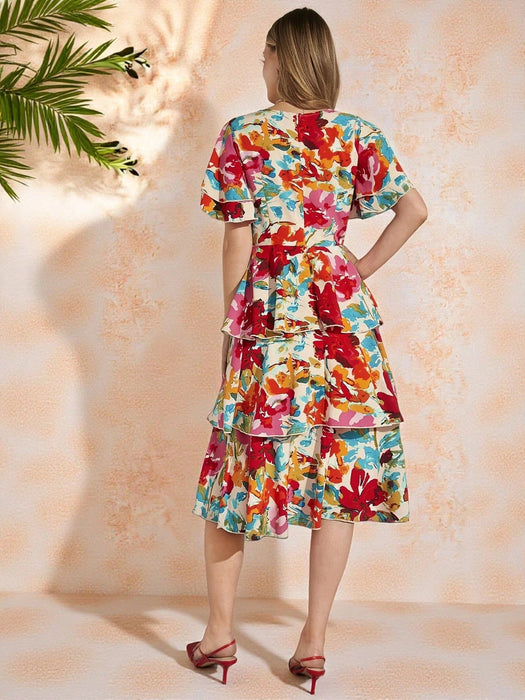 Amorya Vestido escalonado con volantes y estampado floral colorido para mujer - Quierox - Tienda Online