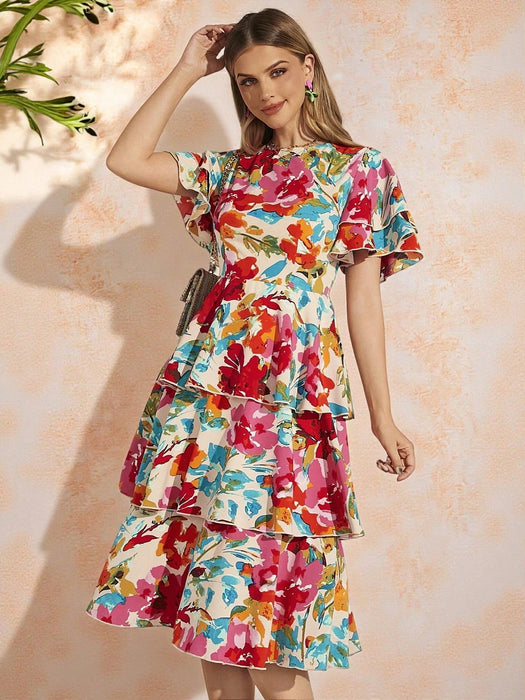 Amorya Vestido escalonado con volantes y estampado floral colorido para mujer - Quierox - Tienda Online