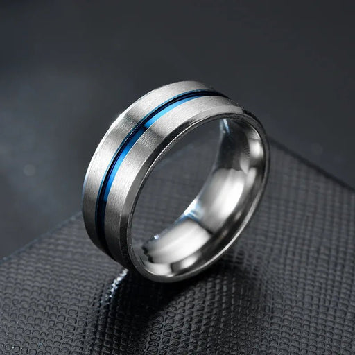 Anillo de acero inoxidable con ranura interior en azul y plateado de superficie - Quierox - Tienda Online