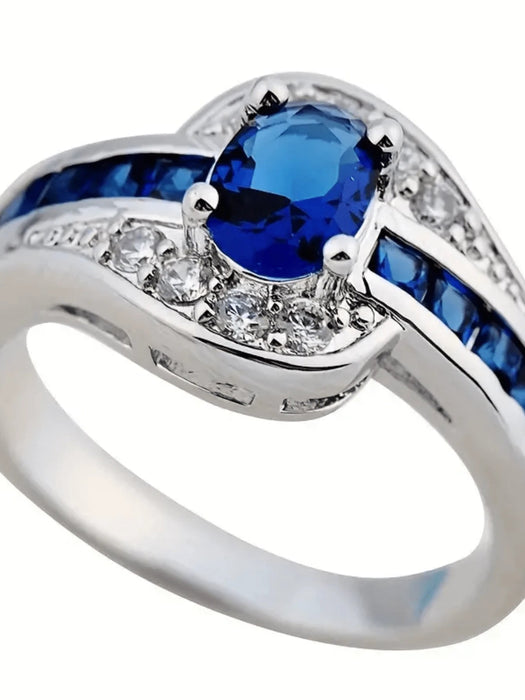 Anillo ovalado de circonita azul brillante, elegante, para bodas - Quierox - Tienda Online