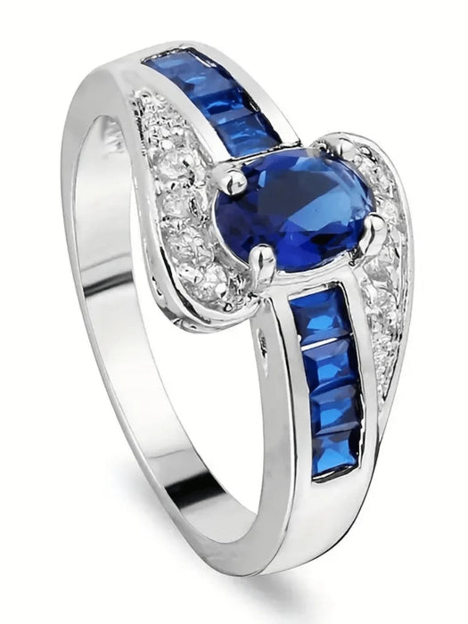 Anillo ovalado de circonita azul brillante, elegante, para bodas - Quierox - Tienda Online