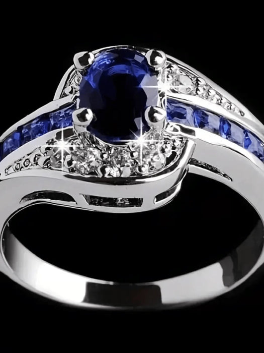 Anillo ovalado de circonita azul brillante, elegante, para bodas - Quierox - Tienda Online