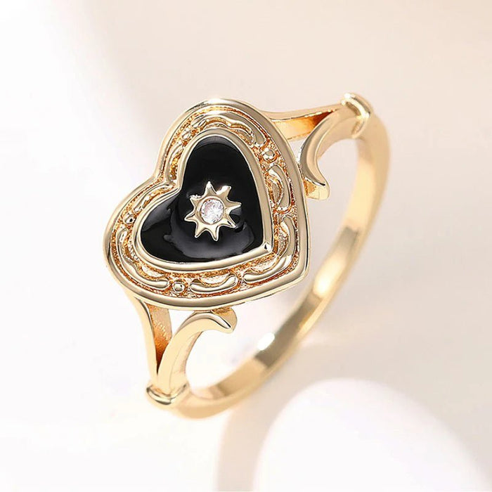 Anillos esmaltados de corazón negro con diseño de sol brillante - Quierox - Tienda Online