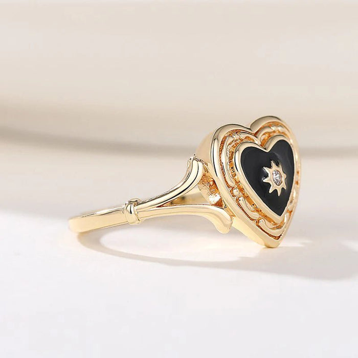 Anillos esmaltados de corazón negro con diseño de sol brillante - Quierox - Tienda Online