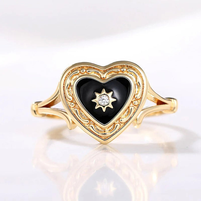 Anillos esmaltados de corazón negro con diseño de sol brillante - Quierox - Tienda Online