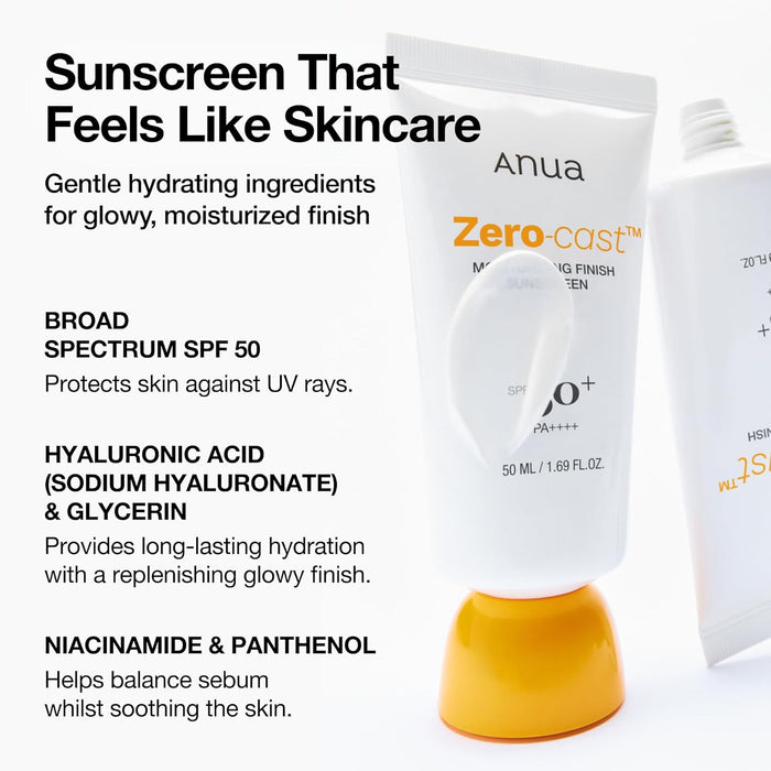 Anua, Protector solar hidratante Zero - Cast SPF 50, natural brillante para cara - Quierox - Tienda Online