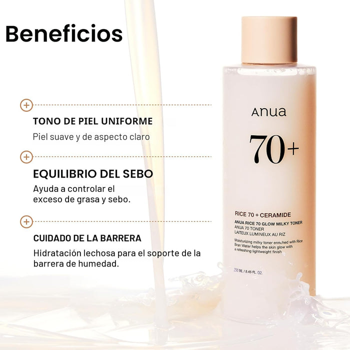 ANUA Rice 70 Glow Milky Toner, para piel de vidrio, agua de arroz, niacinamida - Quierox - Tienda Online