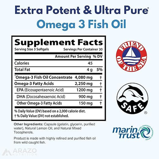 Arazo Nutrition Concentrado de aceite de pescado Omega-3 de captura salvaje – 4080 mg por porción - Quierox - Tienda Online