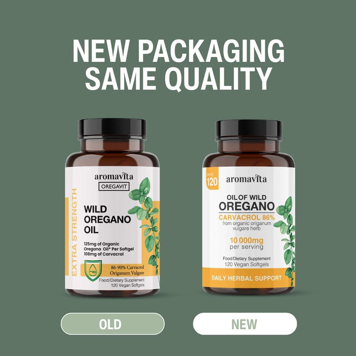 Aromavita Cápsulas de aceite de orégano silvestre vegano orgánico, 86 - 90% de carvacrol - Quierox - Tienda Online