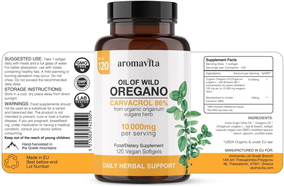 Aromavita Cápsulas de aceite de orégano silvestre vegano orgánico, 86 - 90% de carvacrol - Quierox - Tienda Online