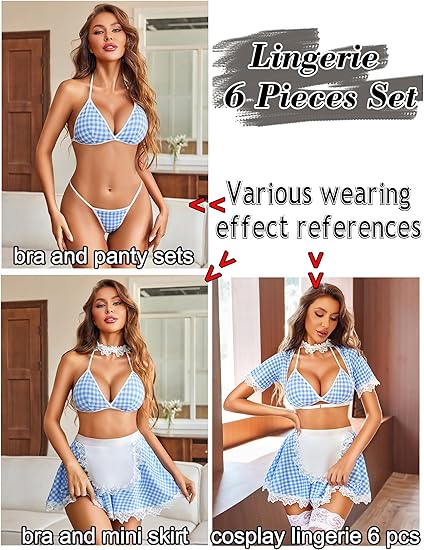 Avidlove Conjuntos de lencería para mujer traje de sirvienta de encaje sexy de 6 piezas - Quierox - Tienda Online