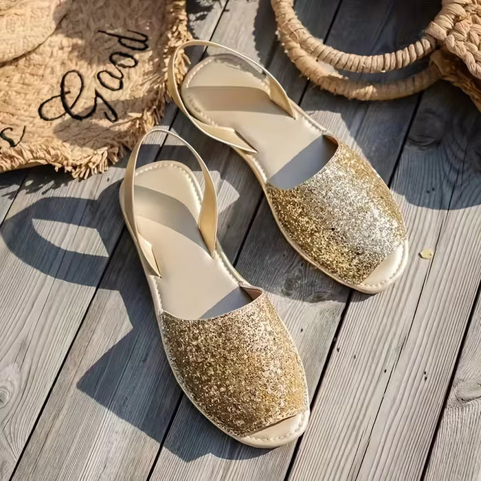 SHEIN Sandalias Elegantes para Mujer [Elegancia Casual] - Deslizantes Doradas con Purpurina