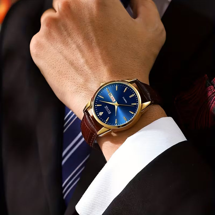 Reloj de Cuarzo para Hombres RUIGE con Fecha, Correa de Cuero Sintético y Caixa Dorada