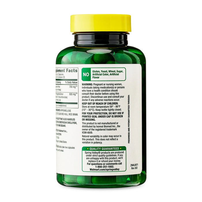 Spring Valley Suplemento dietético de ashwagandha extrafuerte 1300 mg, 60 cápsulas vegetarianas