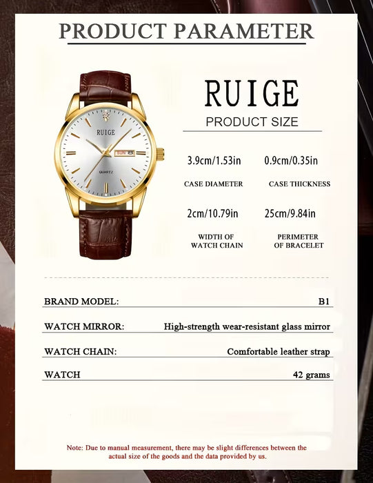 Reloj de Cuarzo para Hombres RUIGE con Fecha, Correa de Cuero Sintético y Caixa Dorada