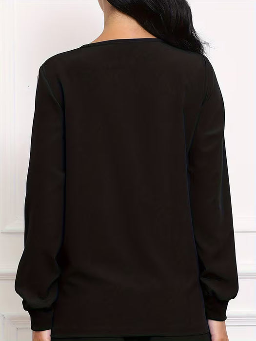 Uniforme elástico de cuello en V para mujer, con mangas largas transpirables y bolsillos