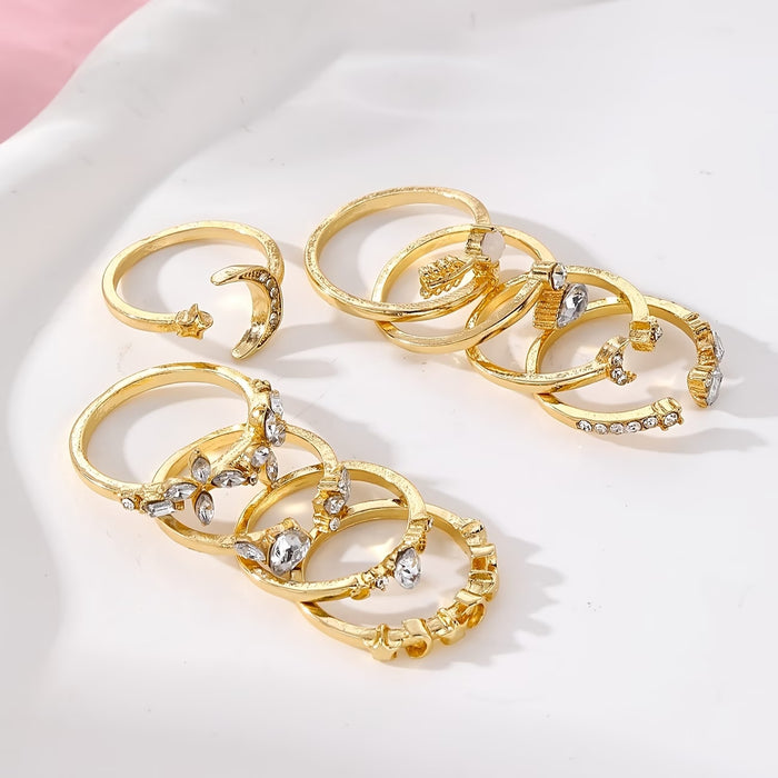 Conjunto de 9 anillos con forma de lágrima adornados con diamantes de imitación con estrellas y lunas