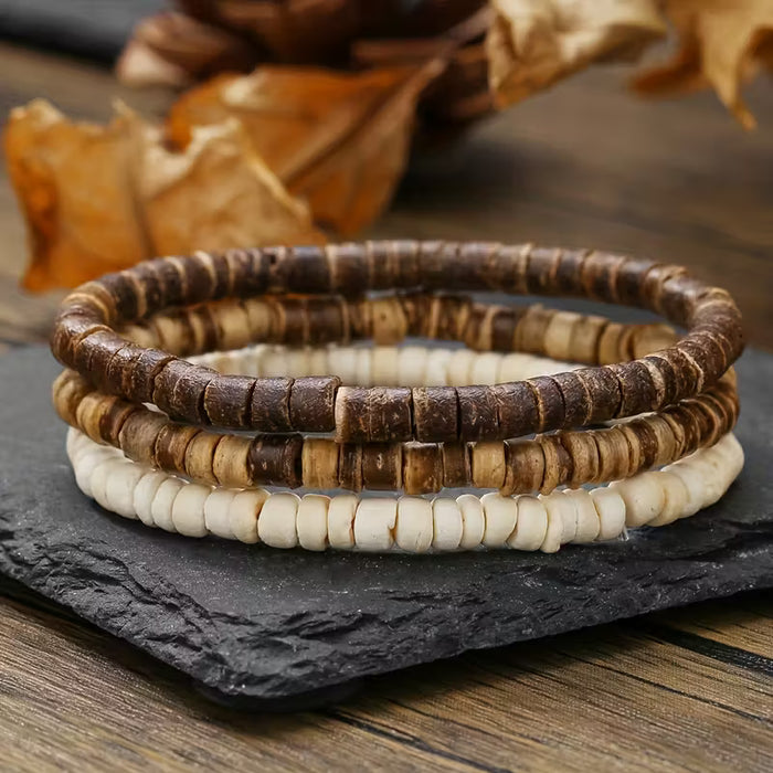 3pcs Pulseras de Moda para Hombres con Cuentas de Cáscara de Coco y Madera