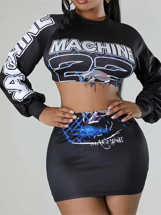 Conjunto elegante de top de manga raglán estampado y falda