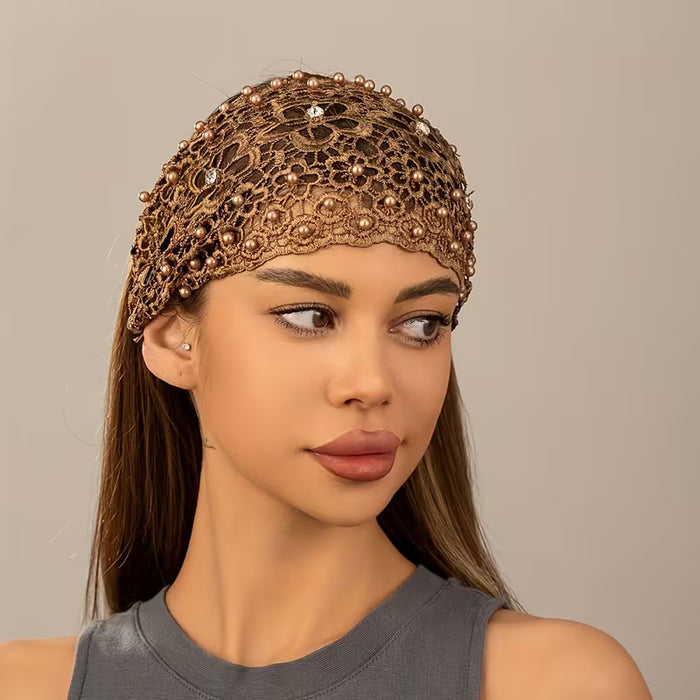 Diadema con Encaje y Perlas Artificiales | Banda Elástica para el Cabello, Accesorio de Cabello