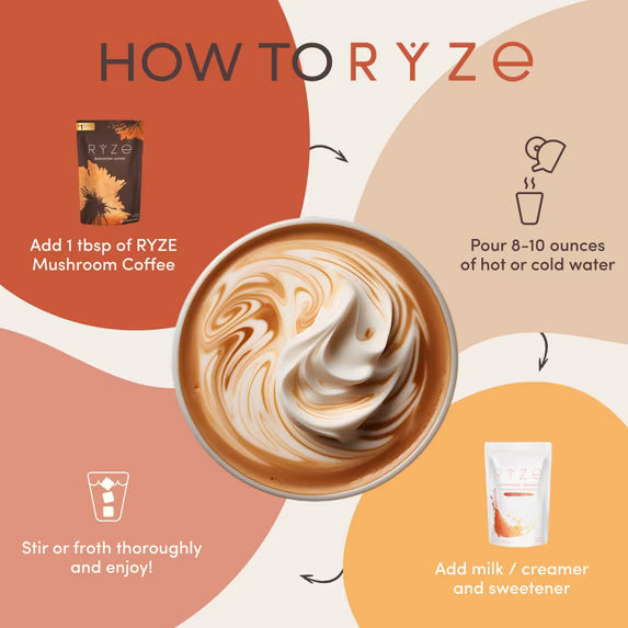 RYZE SUPERFOODS Café con sabor a champiñones, tostado medio, orgánico certificado por el USDA, con 6 hongos adaptógenos