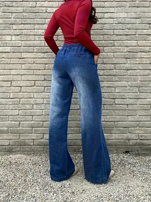 Jeans de pierna recta para mujer con cintura elástica y cordón