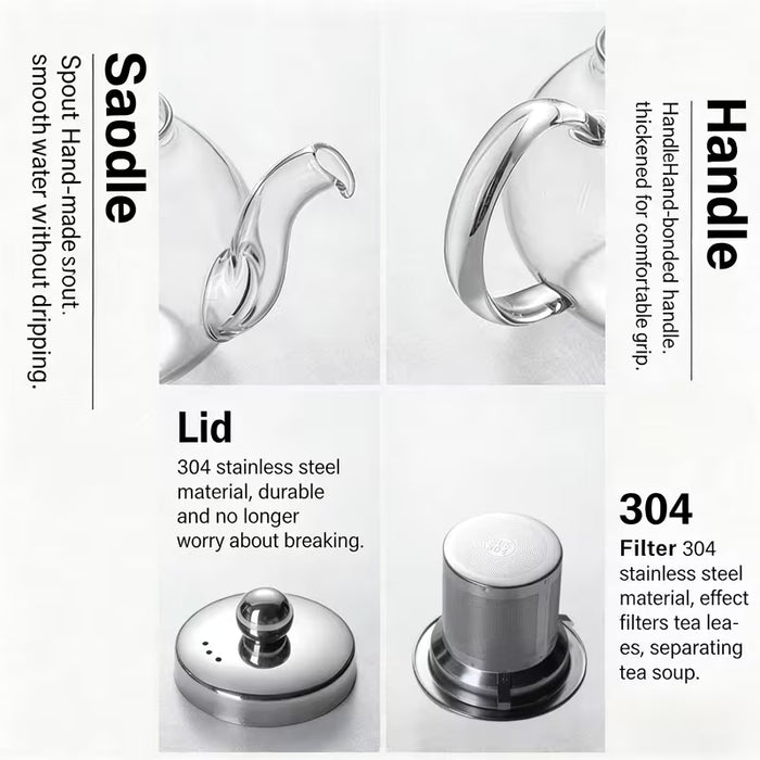 Tetera de vidrio transparente con colador de té y tapa, ideal para preparar té en casa