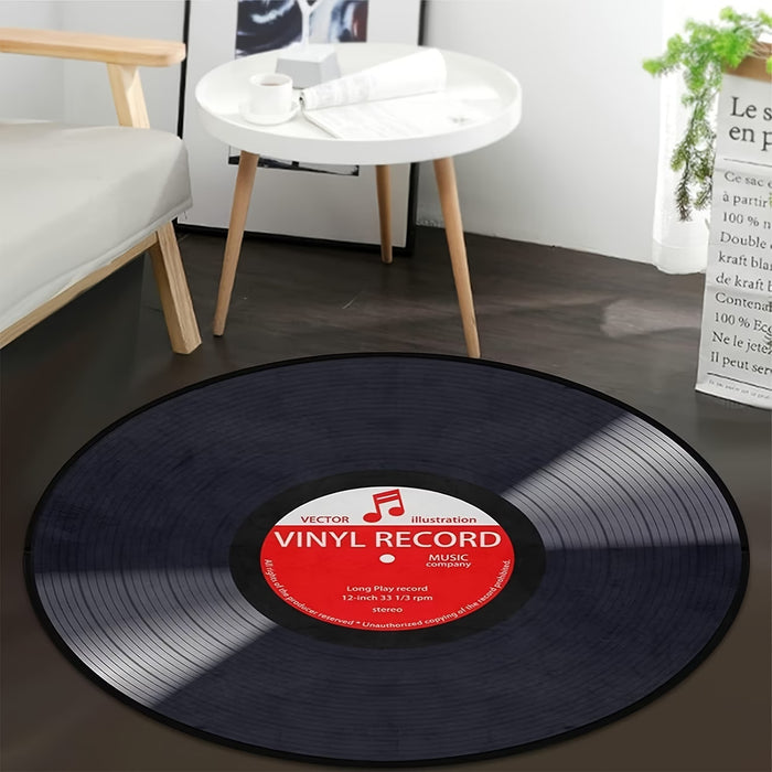 Alfombra Redonda Negra con Diseño de Disco Musical, Ideal para Salas de Estar, Dormitorios 80*80cm