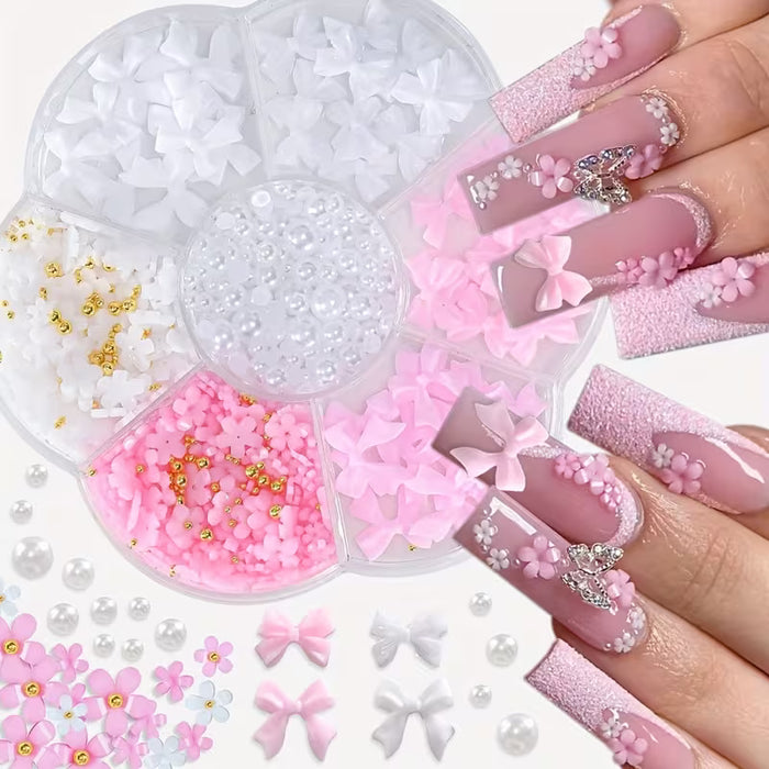 SHEIN Kit de Decoraciones para Uñas con Lazo Floral 3D, con Acentos Rosados y Blancos