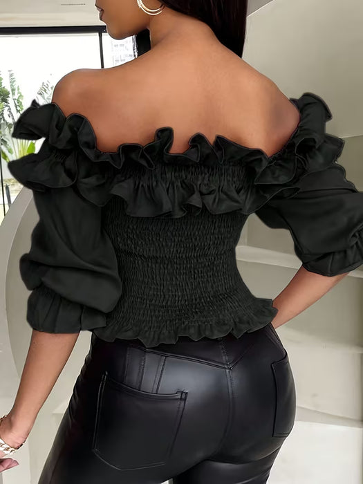 Blusa De Color Sólido Con Volantes, Hombros Descubiertos y mangas abullonadas