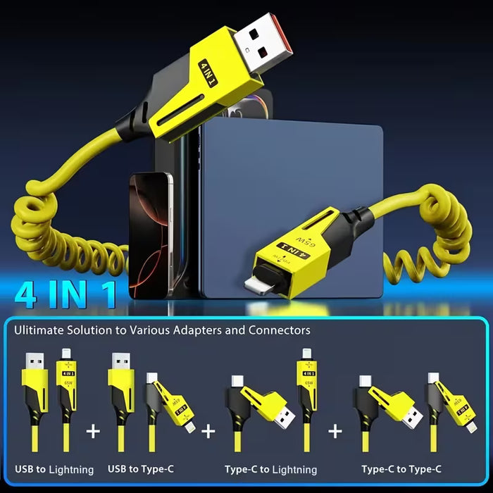 Cable de datos de alta velocidad 4 en 1 con luz de respiración de 65W, ideal para viajes
