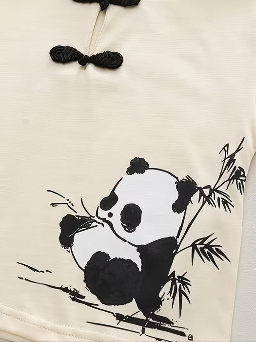 Conjunto de Ropa de Panda Chino - Pelele de Manga Corta con Botones y Pantalón