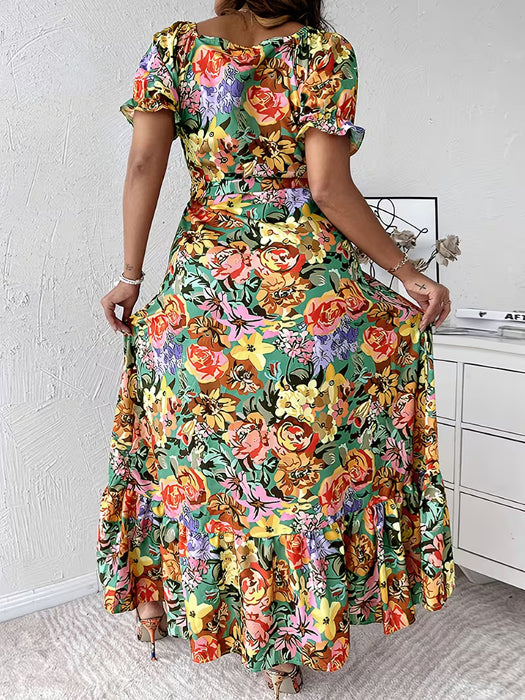 Vestido Largo Elegante de Manga Corta con Cuello en V y Estampado Floral