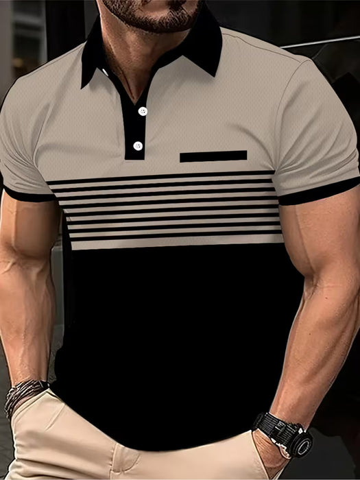 Camiseta de Verano para Hombre Estampado Color Block, Cuello y Mangas con Ribete en Contraste
