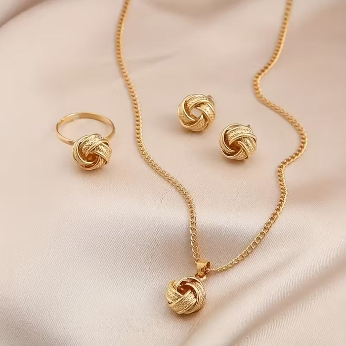 1 Collar + 1 Anillo + 1 Par de Pendientes, Conjunto de Joyería de Moda para Mujeres con Colgante y Anillos Trenzados en Metal Dorado