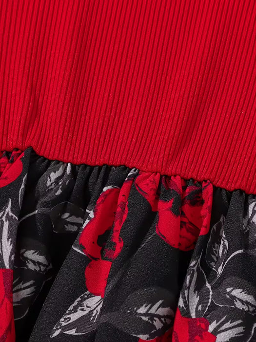 Vestido de Niña Mangas Volantes Juguetonas, con Estampado Audaz de Rosas Rojas